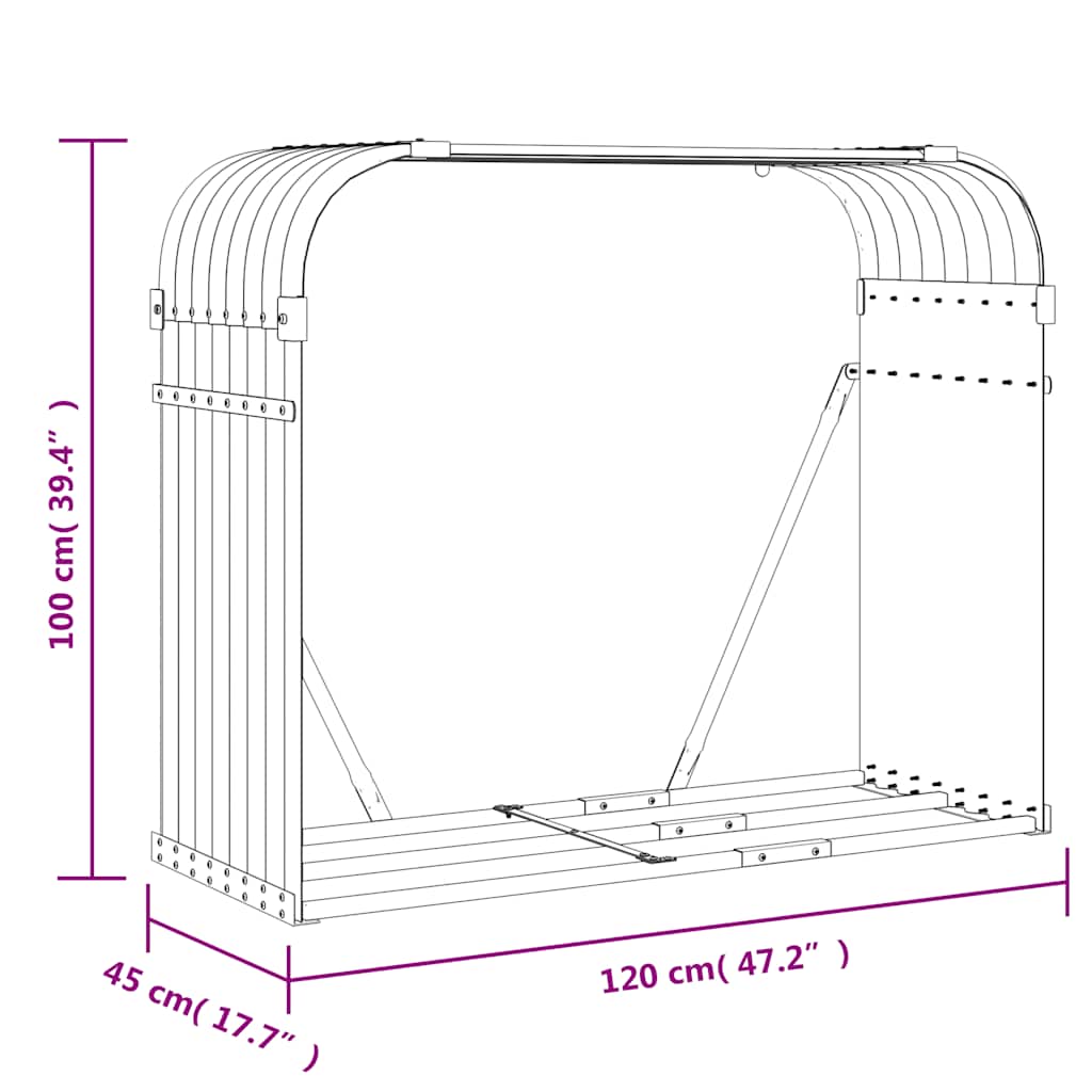 vidaXL Stojak na drewno, srebrny, 120x45x100 cm, stal galwanizowana