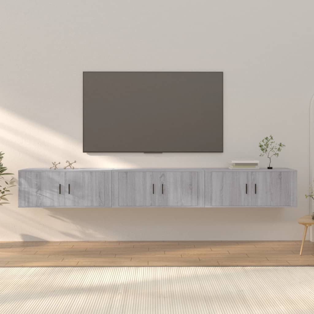 vidaXL Wiszące szafki TV, 3 szt., szary dąb sonoma, 100x34,5x40 cm