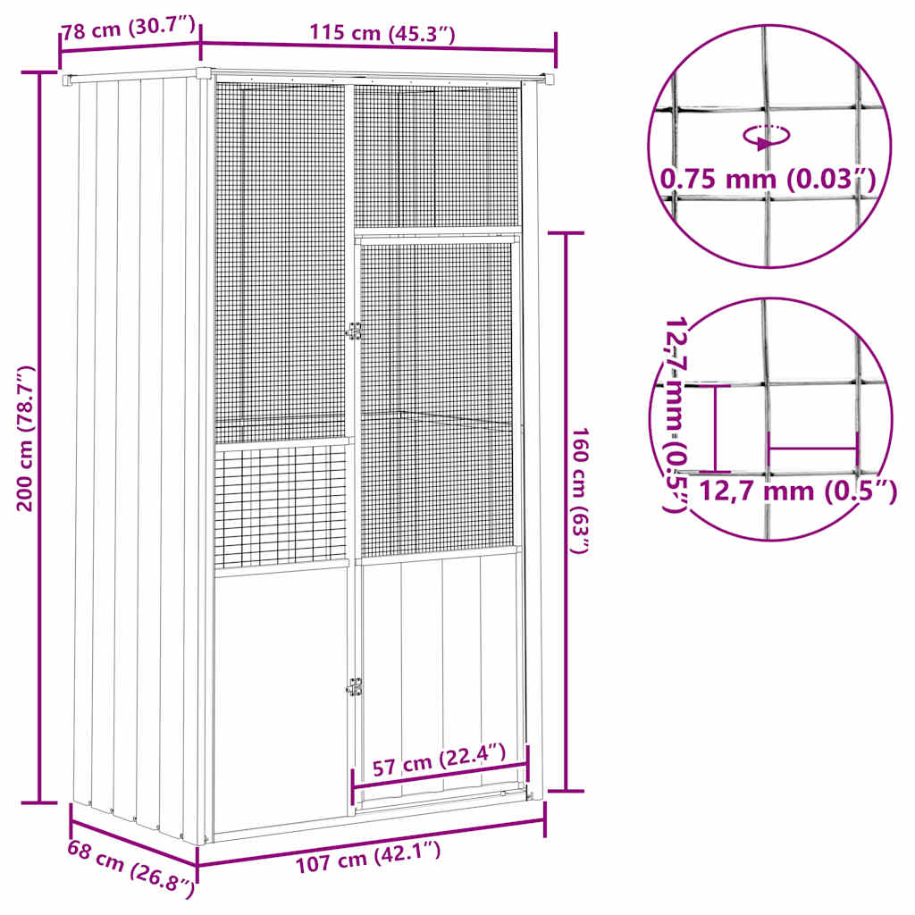 vidaXL Woliera, szara, 115x78x200 cm, galwanizowana stal