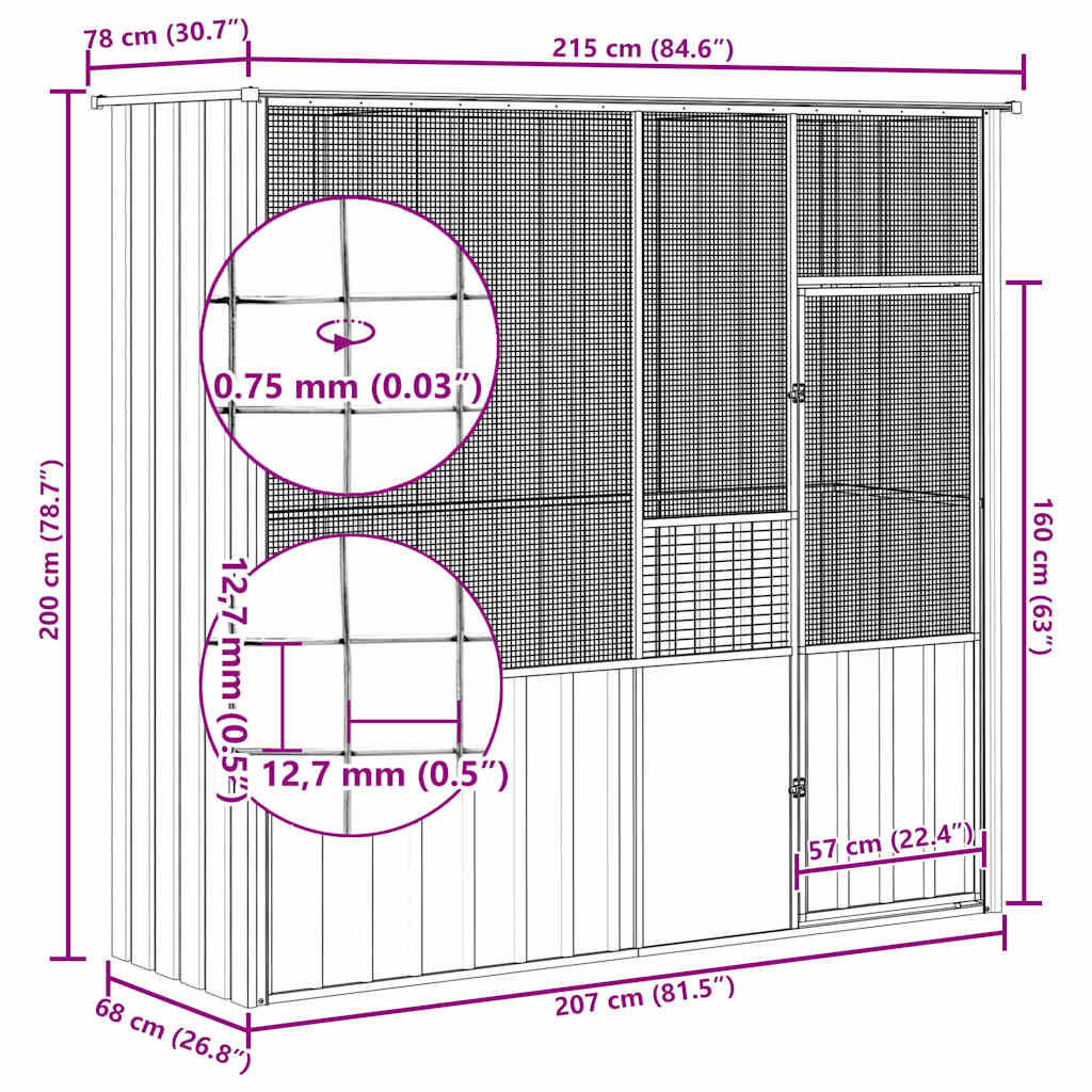 vidaXL Woliera, szara, 215x78x200 cm, galwanizowana stal