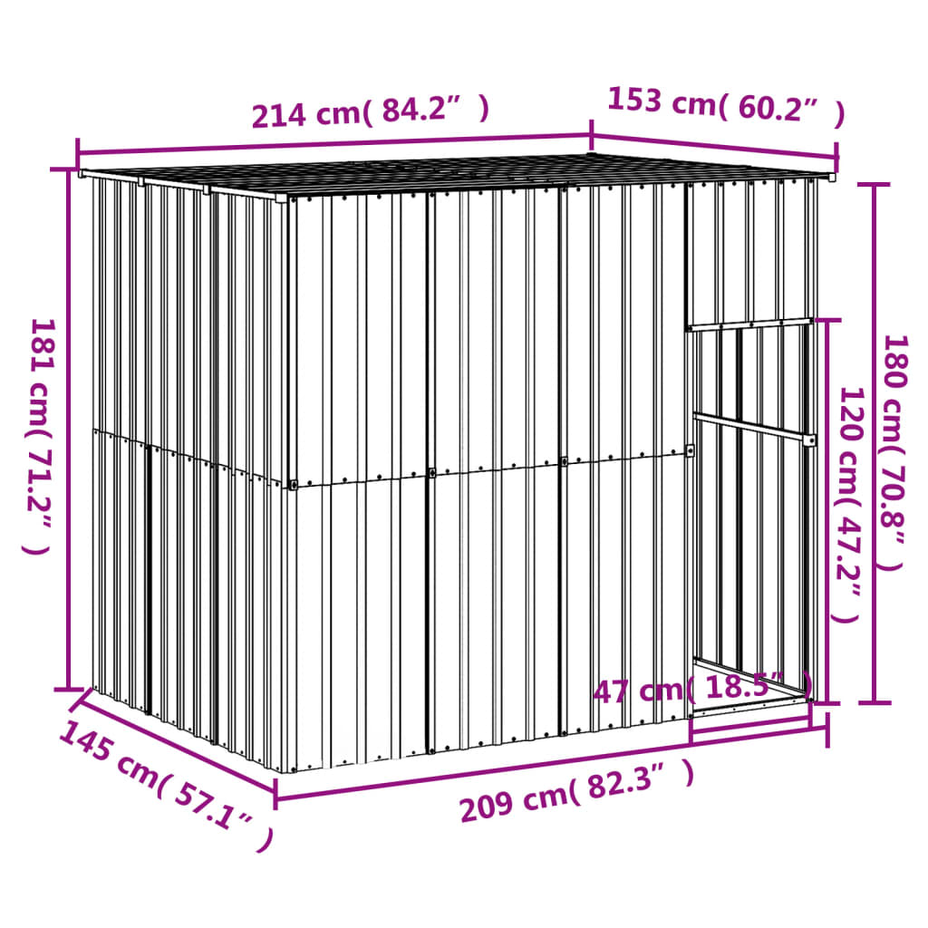 vidaXL Buda dla psa, z dachem, jasnoszara, 214x153x181 cm, stal
