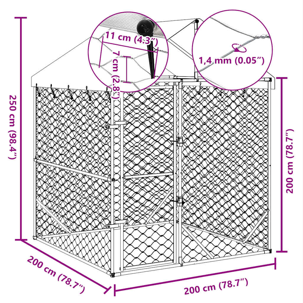 vidaXL Kojec dla psa, z dachem, srebrny, 2x2x2,5 m, stal galwanizowana