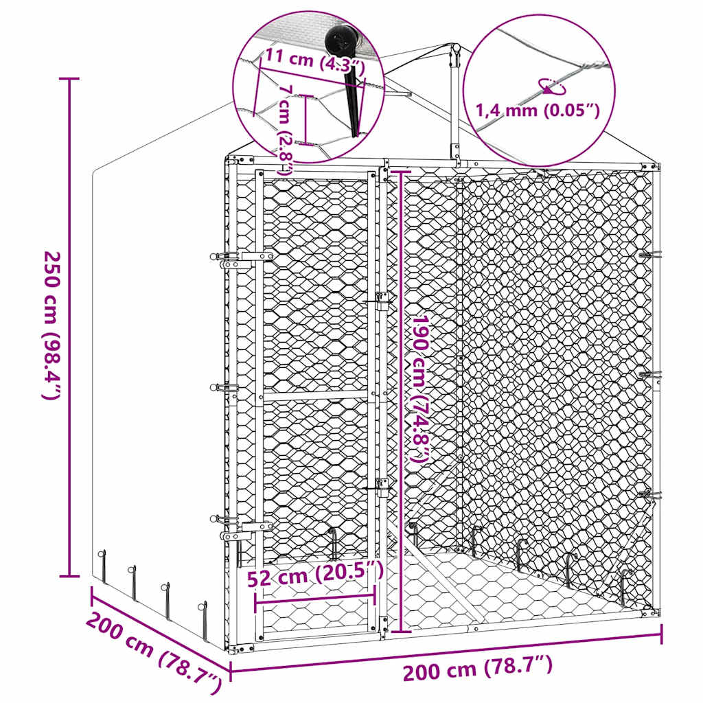 vidaXL Kojec dla psa, z dachem, srebrny, 2x2x2,5 m, stal galwanizowana