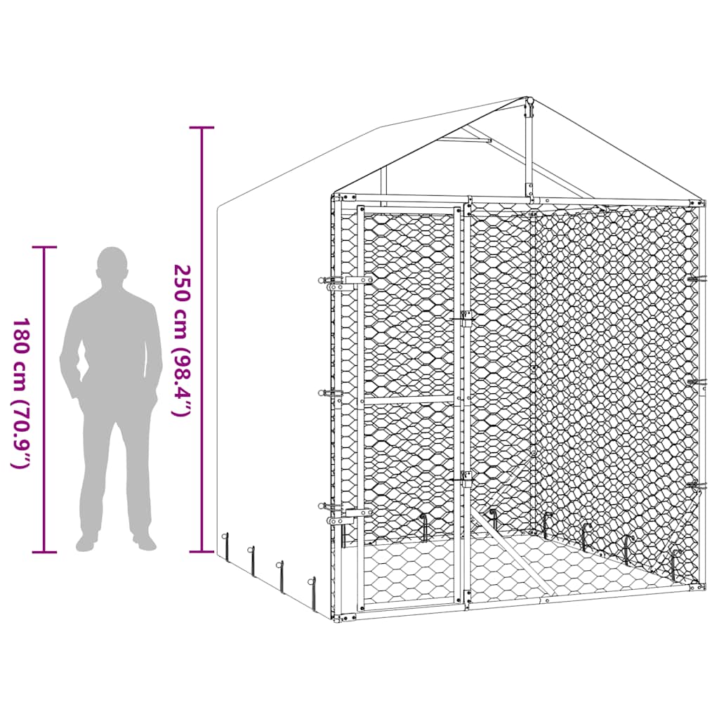 vidaXL Kojec dla psa, z dachem, srebrny, 2x2x2,5 m, stal galwanizowana