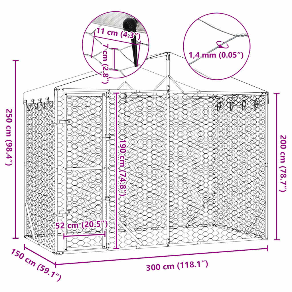 vidaXL Kojec dla psa, z dachem, srebrny, 3x1,5x2,5 m, stal