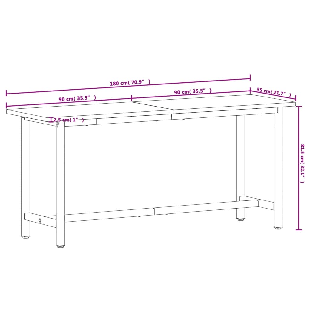 vidaXL Stół roboczy, 180x55x81,5 cm, lite drewno bukowe i metal