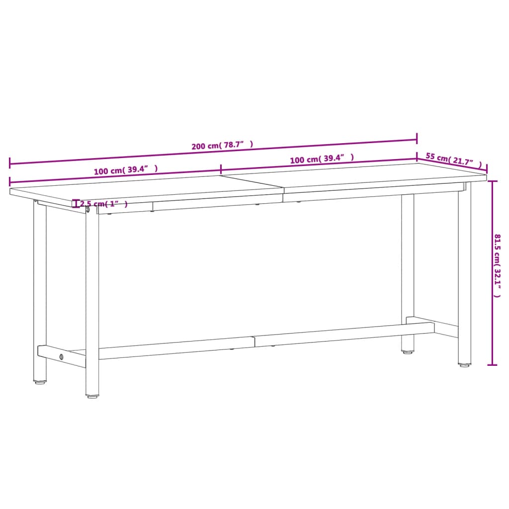 vidaXL Stół roboczy, 200x55x81,5 cm, lite drewno bukowe i metal