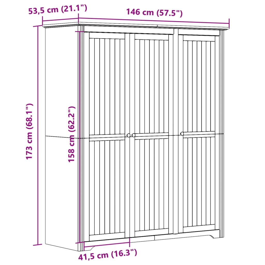 vidaXL Szafa BODO, biała, 146x53,5x173 cm, lite drewno sosnowe