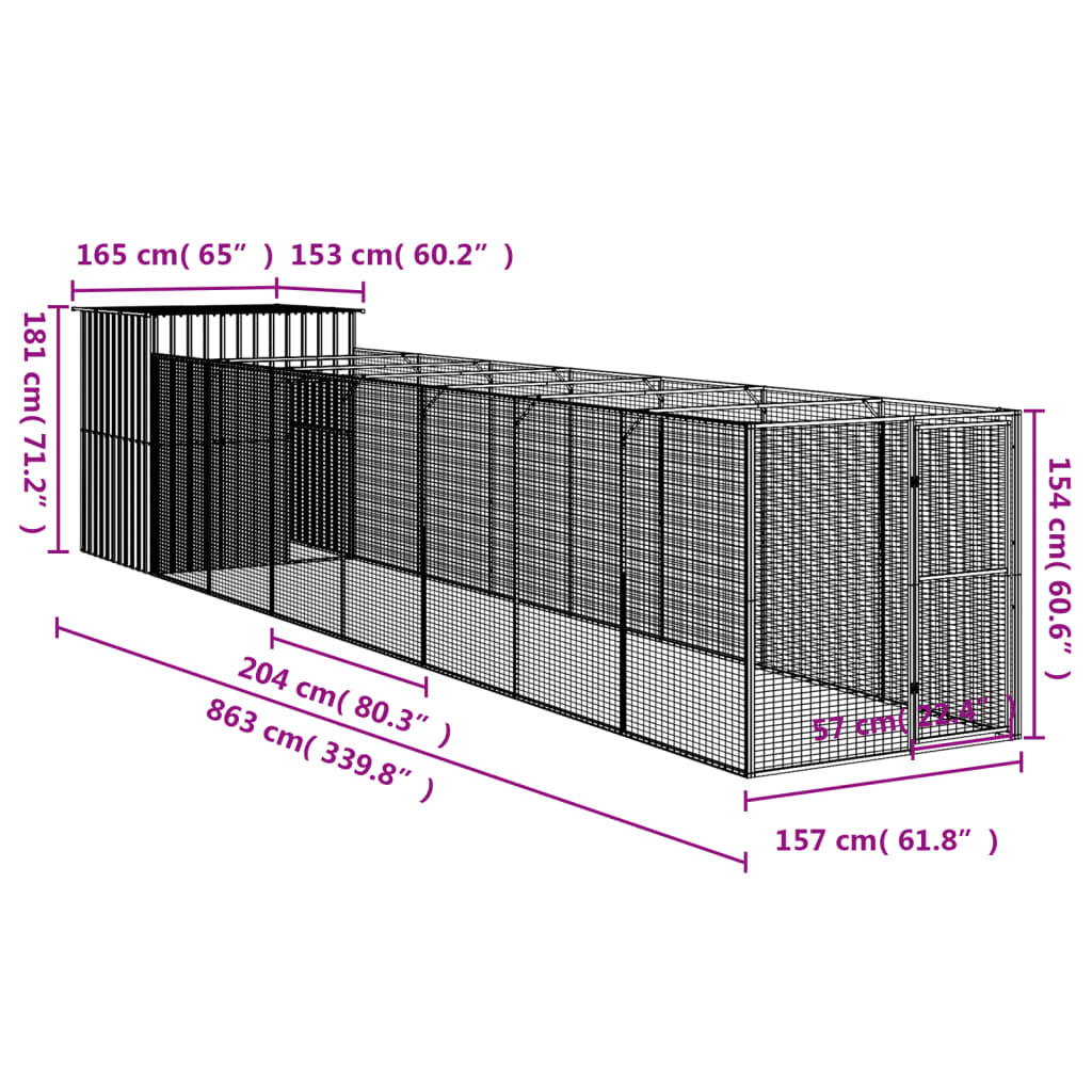 vidaXL Buda dla psa, z wybiegiem, antracytowa, 165x863x181 cm, stal
