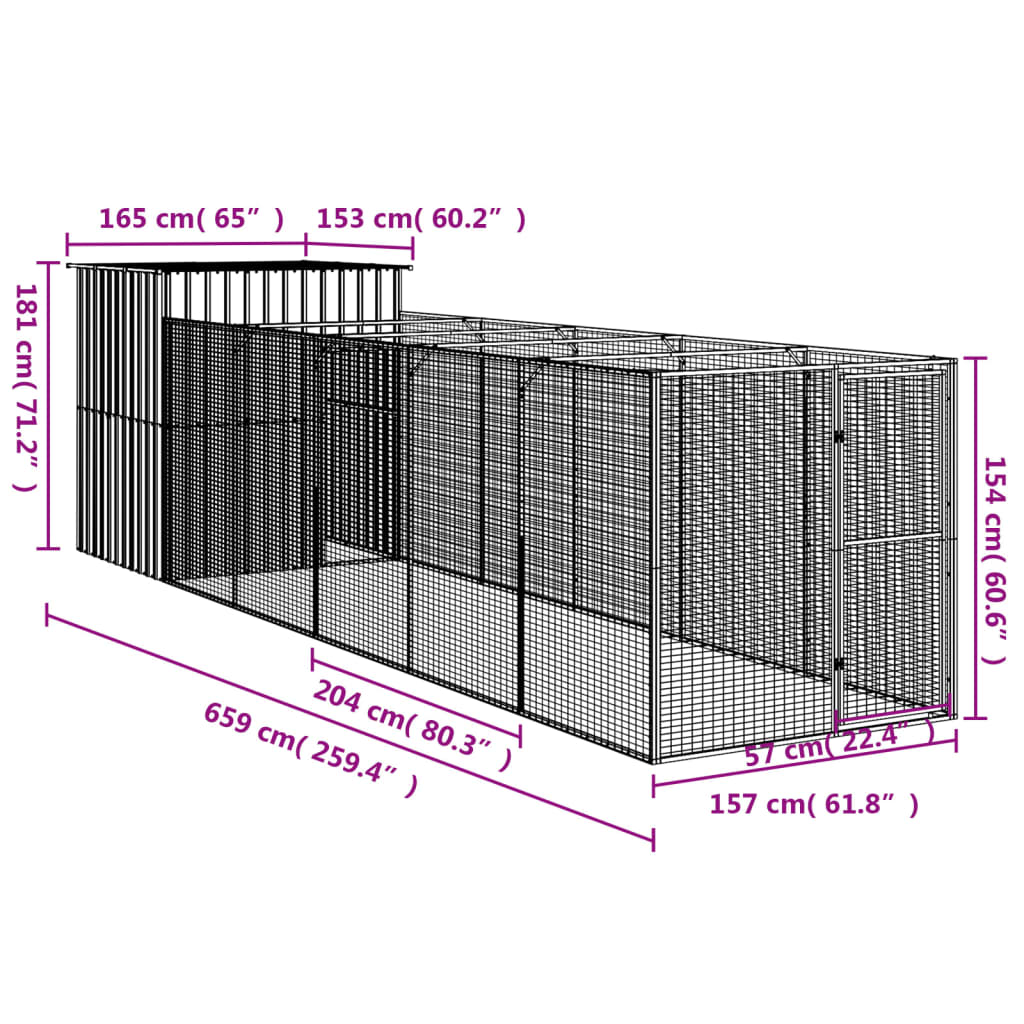 vidaXL Buda dla psa, z wybiegiem, jasnoszara, 165x659x181 cm, stal
