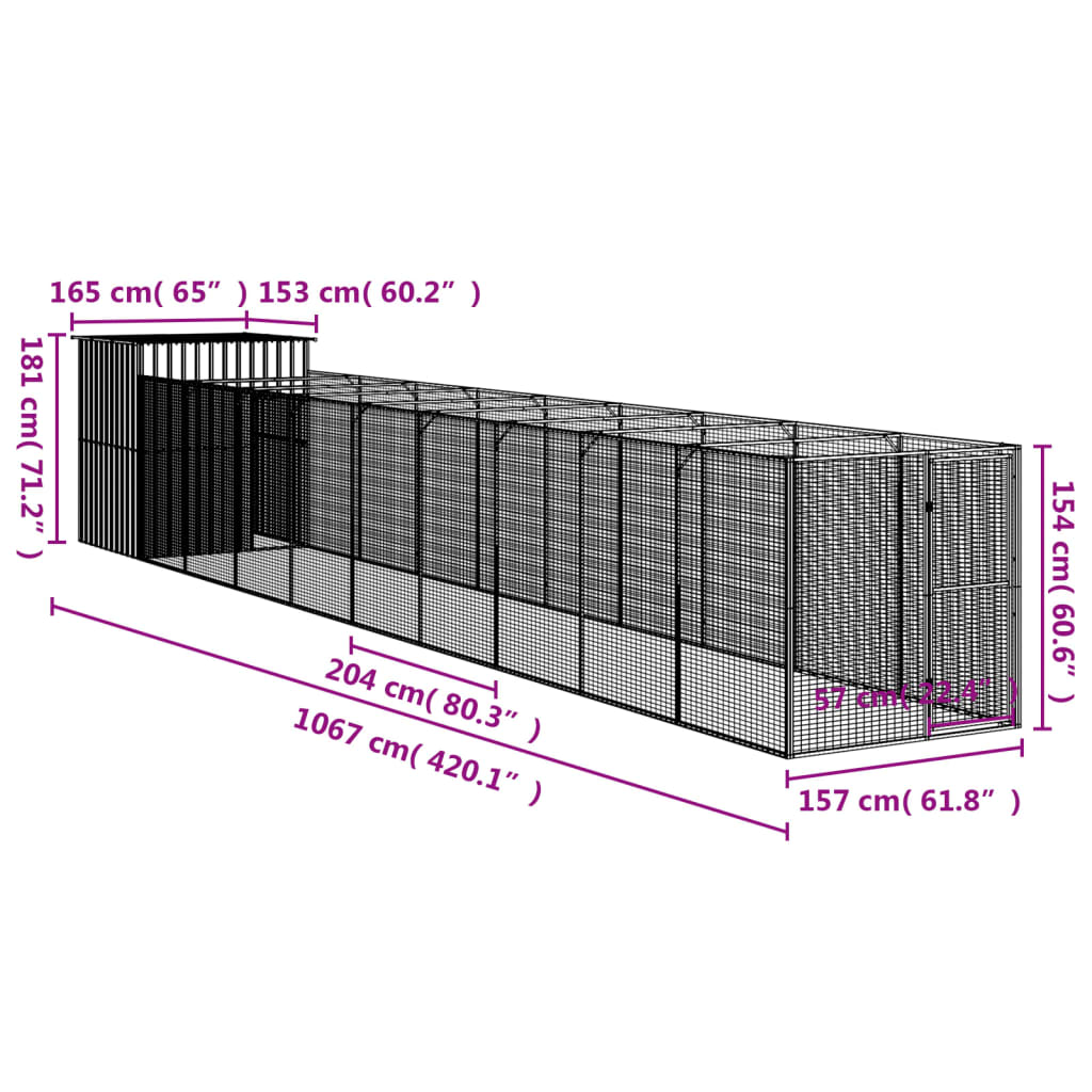 vidaXL Buda dla psa, z wybiegiem, jasnoszara, 165x1067x181 cm, stal