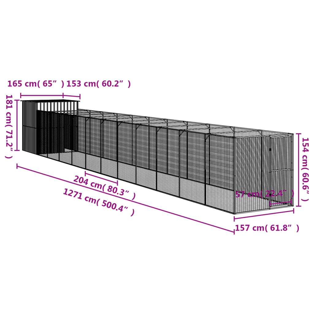 vidaXL Buda dla psa, z wybiegiem, jasnoszara, 165x1271x181 cm, stal