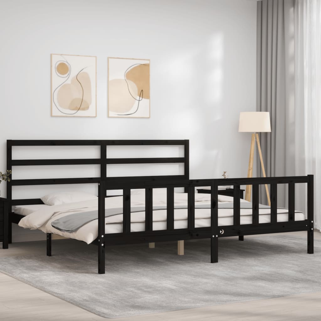vidaXL Rama łóżka z wezgłowiem, czarna, 200x200 cm, lite drewno