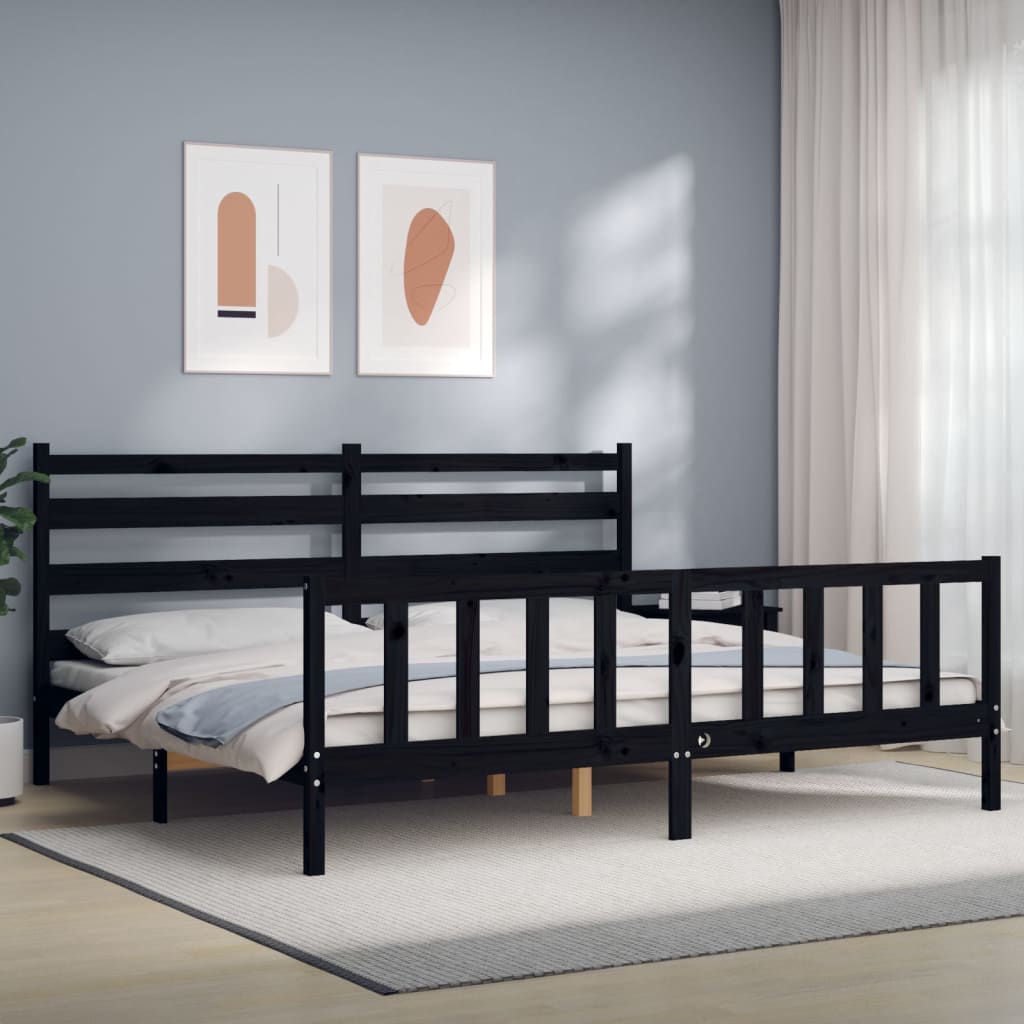 vidaXL Rama łóżka z wezgłowiem, czarna, 200x200 cm, lite drewno