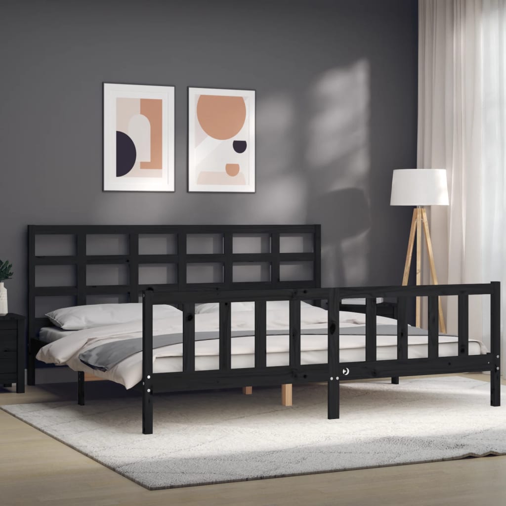 vidaXL Rama łóżka z wezgłowiem, czarna, 200x200 cm, lite drewno