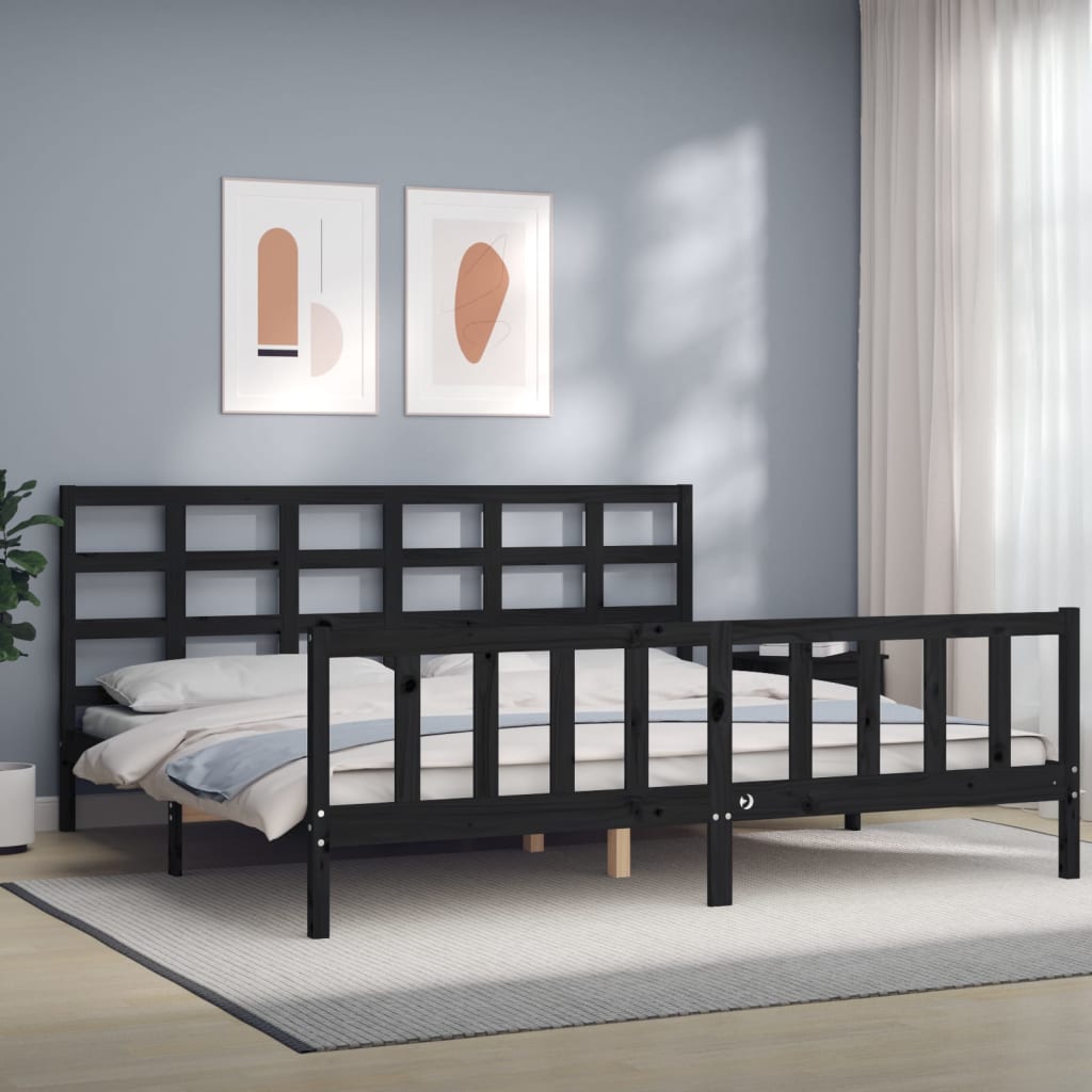 vidaXL Rama łóżka z wezgłowiem, czarna, 200x200 cm, lite drewno