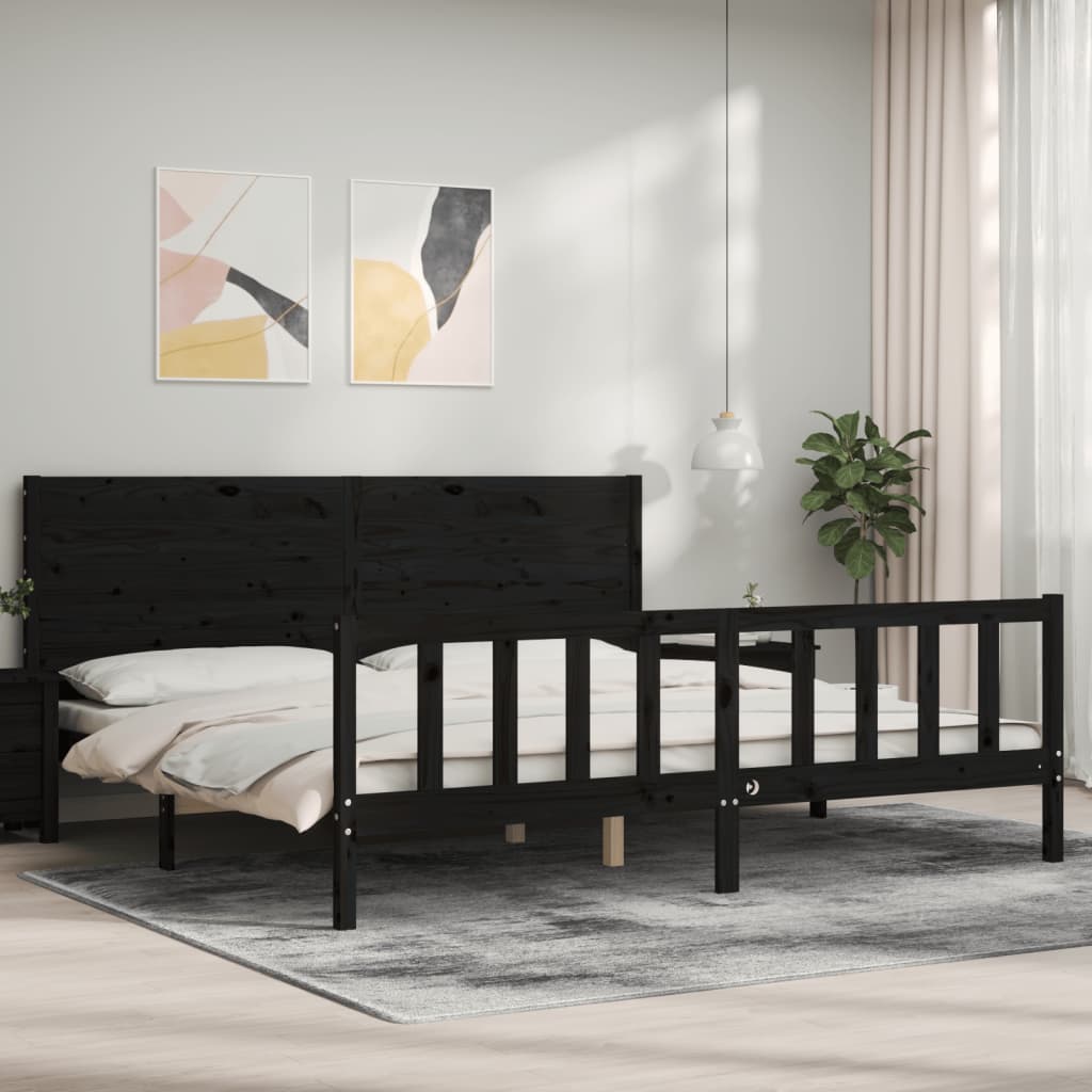 vidaXL Rama łóżka z wezgłowiem, czarna, 200x200 cm, lite drewno