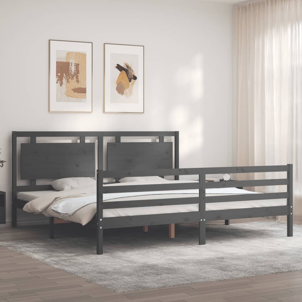 vidaXL Rama łóżka z wezgłowiem, szara, 200x200 cm, lite drewno