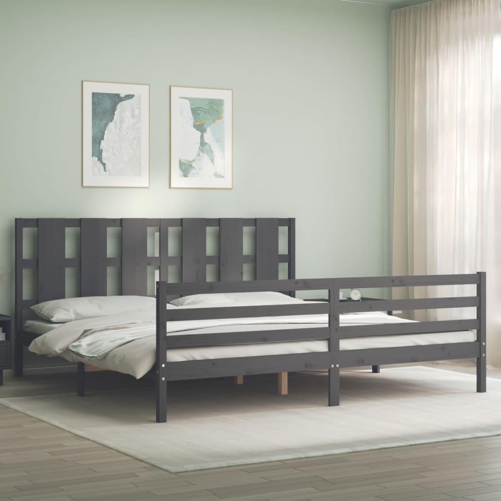vidaXL Rama łóżka z wezgłowiem, szara, 200x200 cm, lite drewno