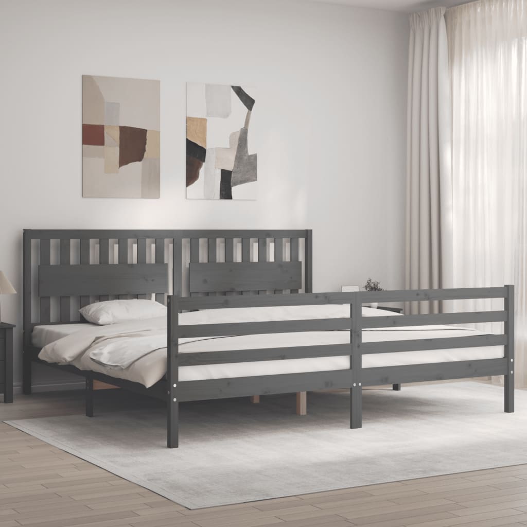 vidaXL Rama łóżka z wezgłowiem, szara, 200x200 cm, lite drewno