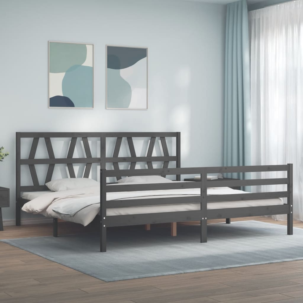 vidaXL Rama łóżka z wezgłowiem, szara, 200x200 cm, lite drewno
