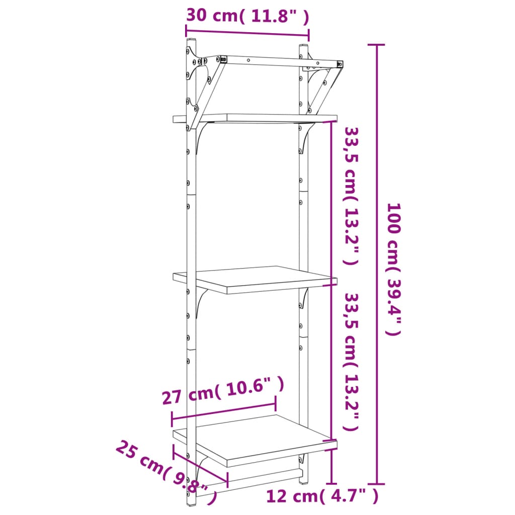vidaXL 3-poziomowe półki z drążkami 2 szt. szary dąb sonoma 30x25x100
