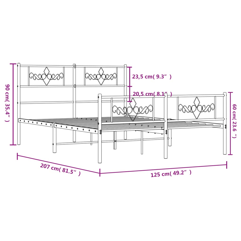 vidaXL Metalowa rama łóżka z wezgłowiem i zanóżkiem, czarna, 120x200cm