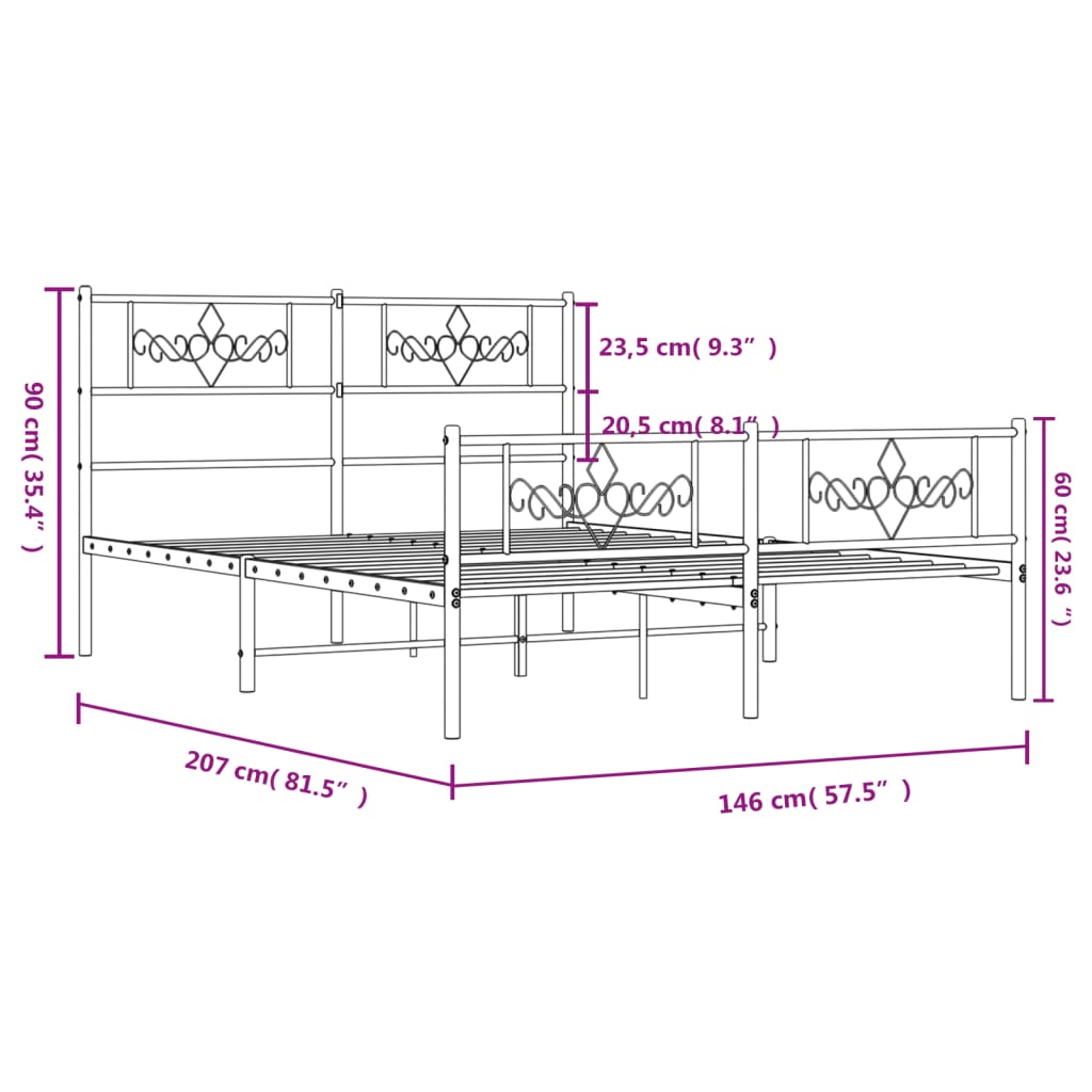 vidaXL Metalowa rama łóżka z wezgłowiem i zanóżkiem, czarna, 140x200cm