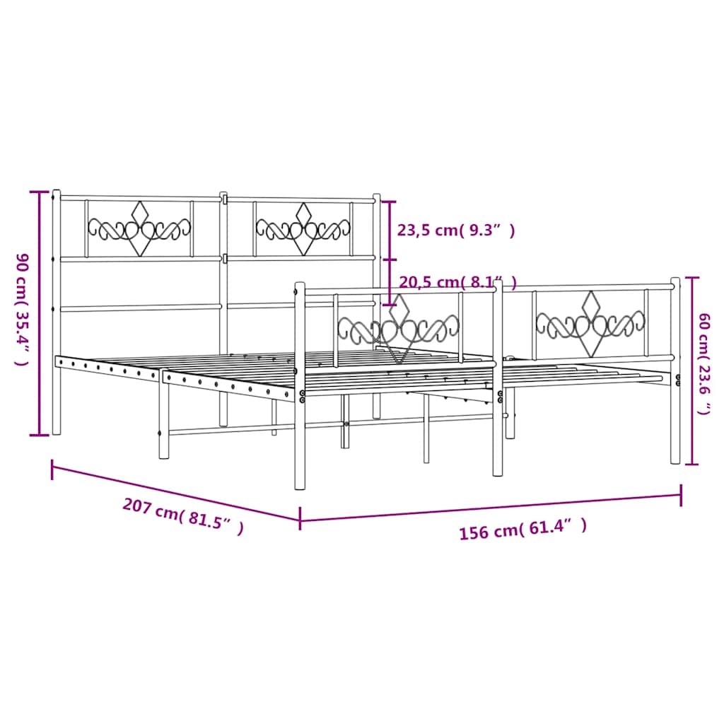 vidaXL Metalowa rama łóżka z wezgłowiem i zanóżkiem, czarna, 150x200cm