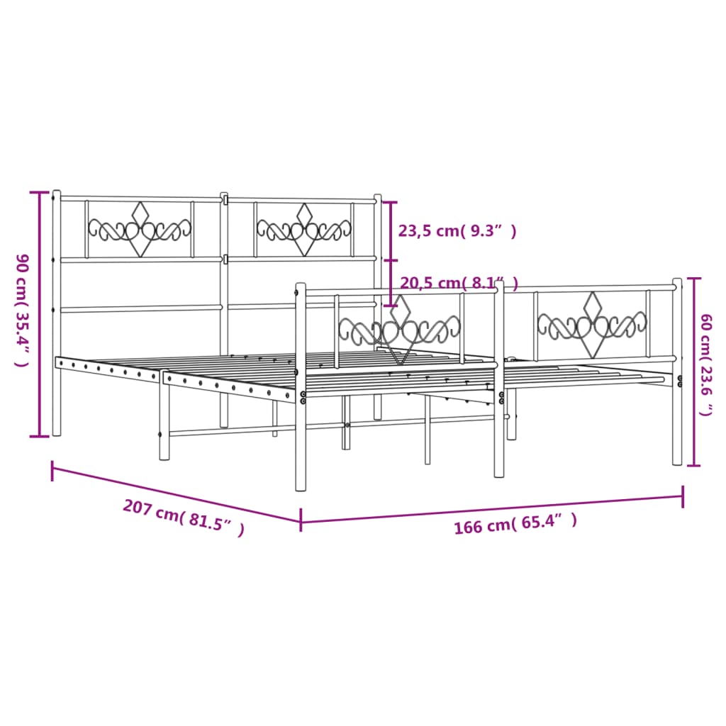 vidaXL Metalowe łóżko z zanóżkiem, bez materaca, czarne, 160x200 cm
