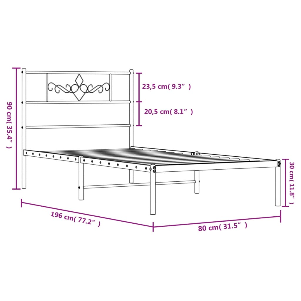 vidaXL Metalowe łóżko z wezgłowiem, bez materaca, białe, 75x190 cm