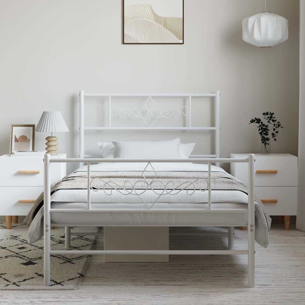 vidaXL Metalowa rama łóżka z wezgłowiem i zanóżkiem, biała, 100x200 cm