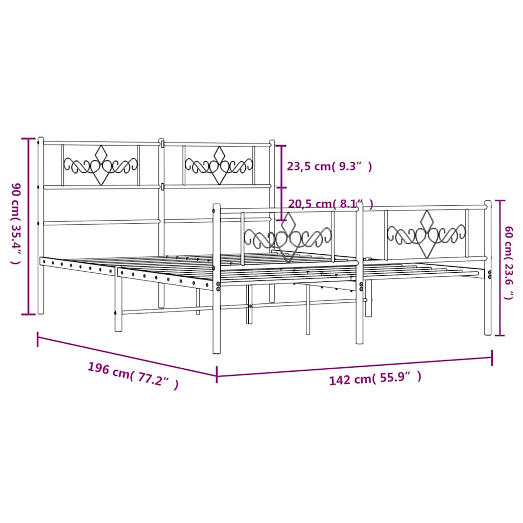 vidaXL Metalowa rama łóżka z wezgłowiem i zanóżkiem, biała, 135x190 cm