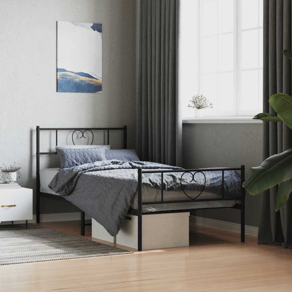 vidaXL Metalowa rama łóżka z wezgłowiem i zanóżkiem, czarna, 90x190 cm