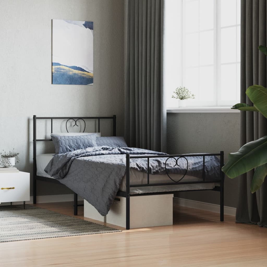 vidaXL Metalowa rama łóżka z wezgłowiem i zanóżkiem, czarna, 107x203cm