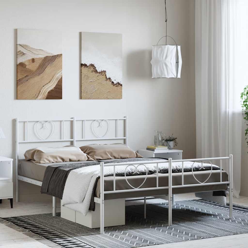 vidaXL Metalowa rama łóżka z wezgłowiem i zanóżkiem, biała, 135x190 cm