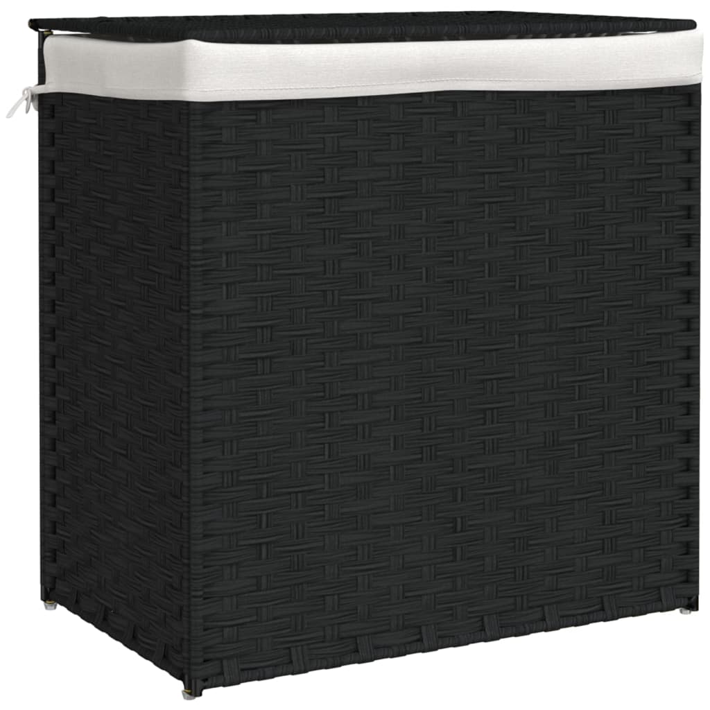 vidaXL Kosz na pranie z 2 komorami, czarny, 53x35x57 cm, polirattan