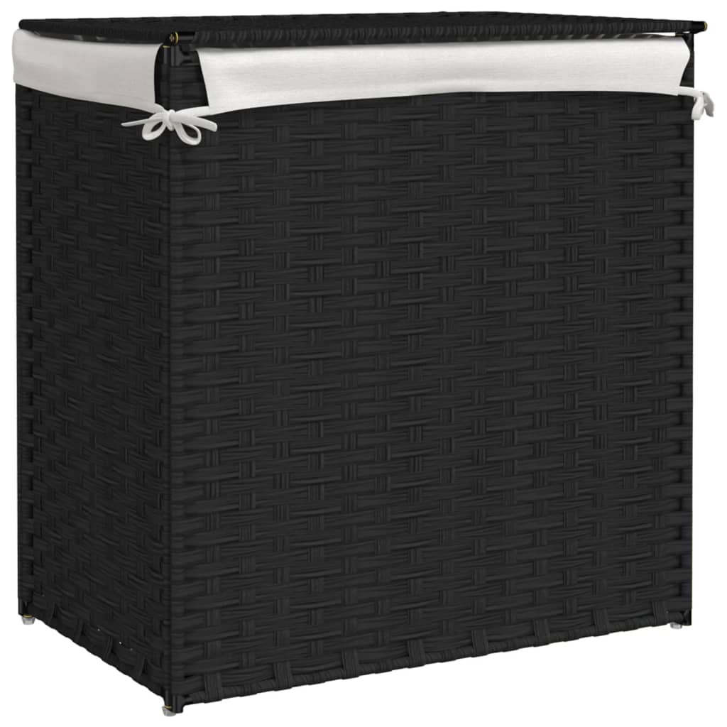 vidaXL Kosz na pranie z 2 komorami, czarny, 53x35x57 cm, polirattan