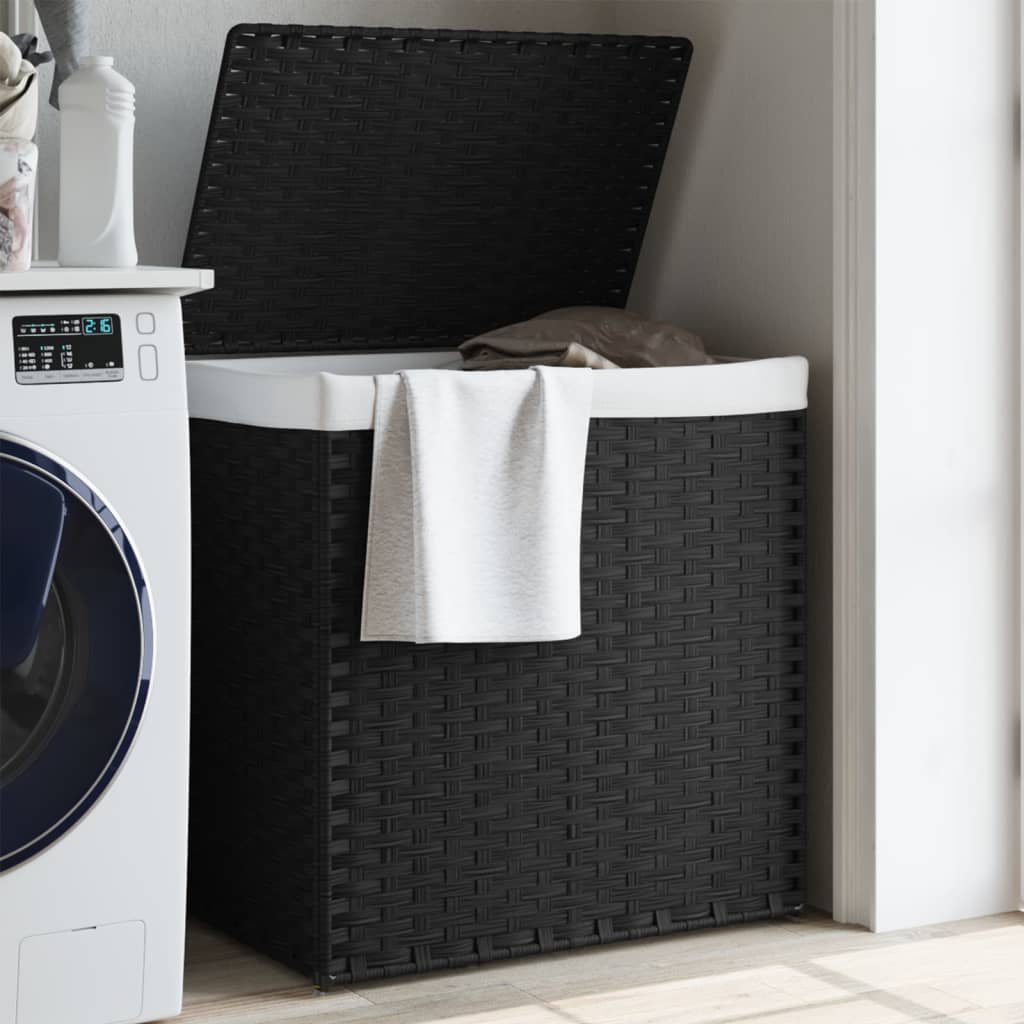 vidaXL Kosz na pranie z 2 komorami, czarny, 53x35x57 cm, polirattan