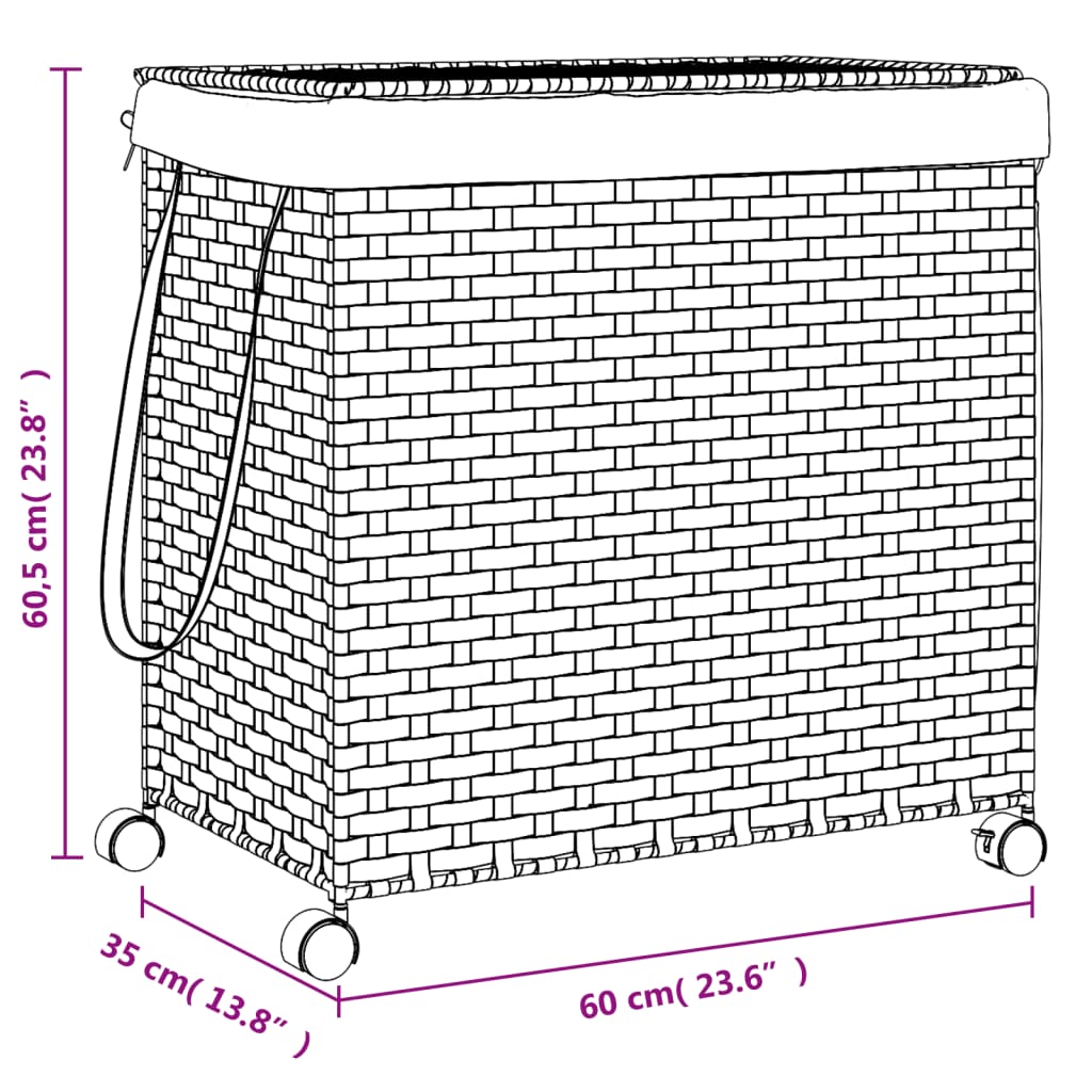 vidaXL Kosz na pranie z kółkami, ciemny brąz, 60x35x60,5 cm, rattan
