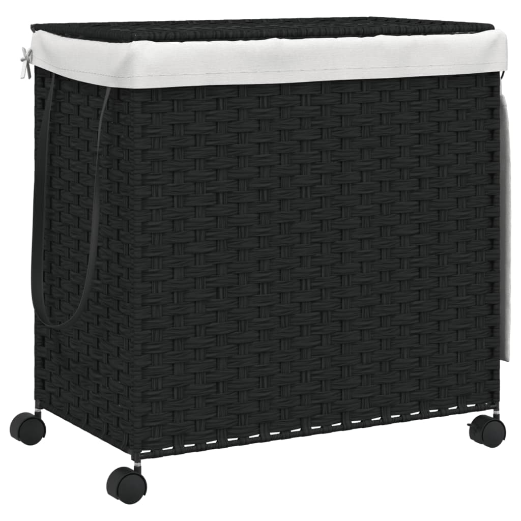 vidaXL Kosz na pranie z kółkami, czarny, 60x35x60,5 cm, rattan