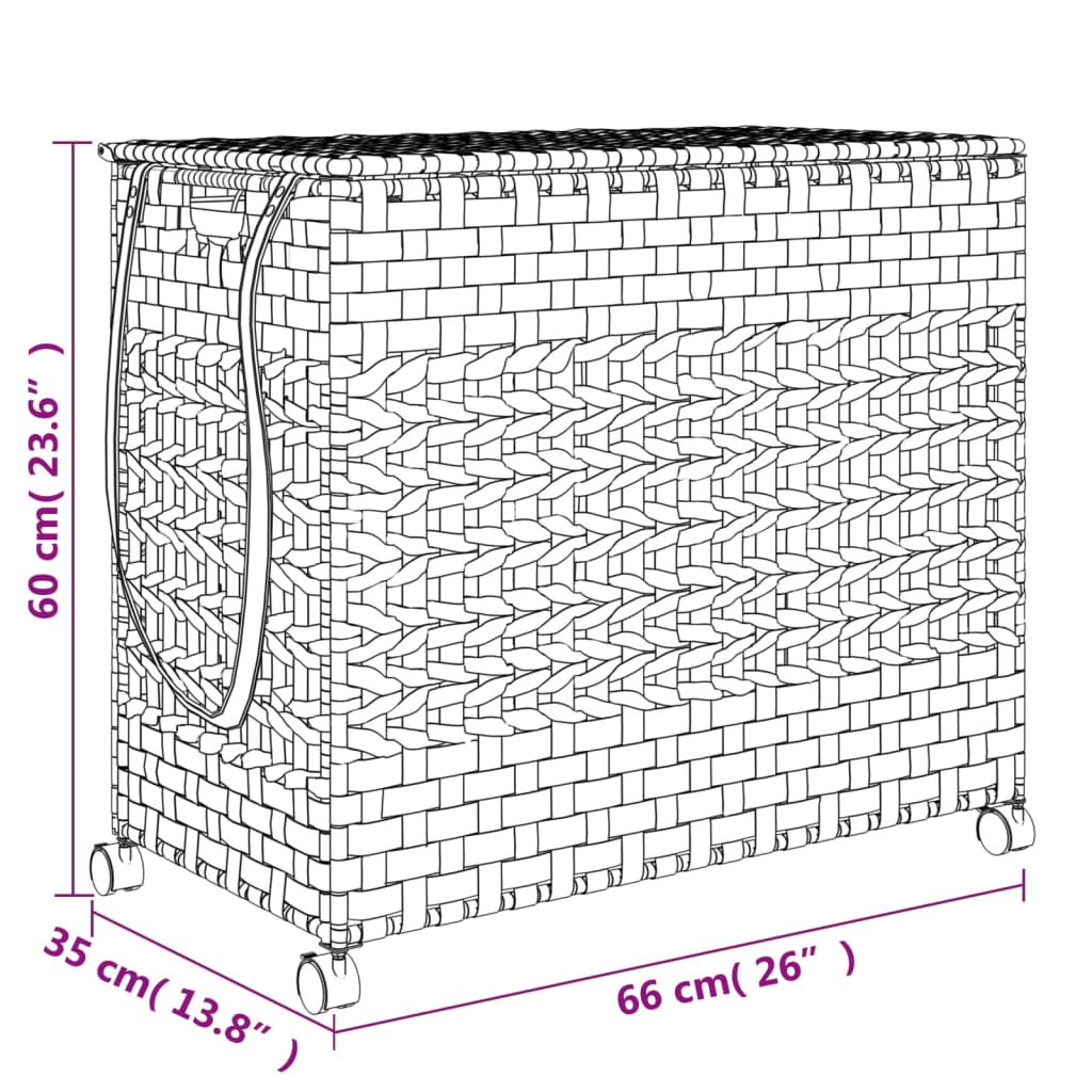 vidaXL Kosz na pranie z kółkami, ciemny brąz, 66x35x60 cm, rattan