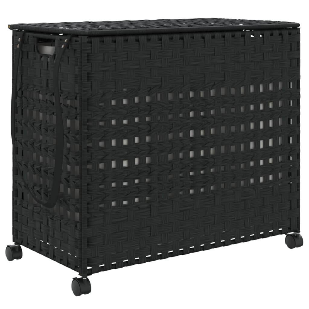 vidaXL Kosz na pranie z kółkami, czarny, 66x35x60 cm, rattan