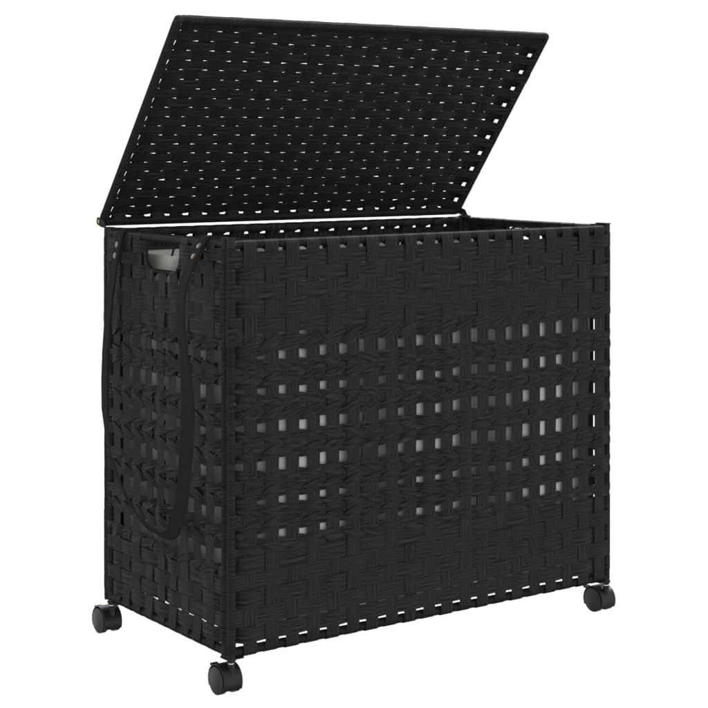 vidaXL Kosz na pranie z kółkami, czarny, 66x35x60 cm, rattan