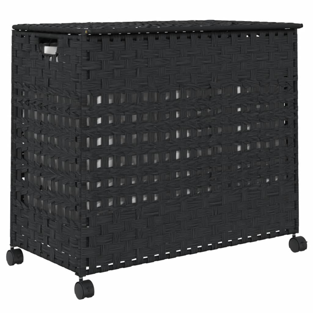 vidaXL Kosz na pranie z kółkami, czarny, 66x35x60 cm, rattan