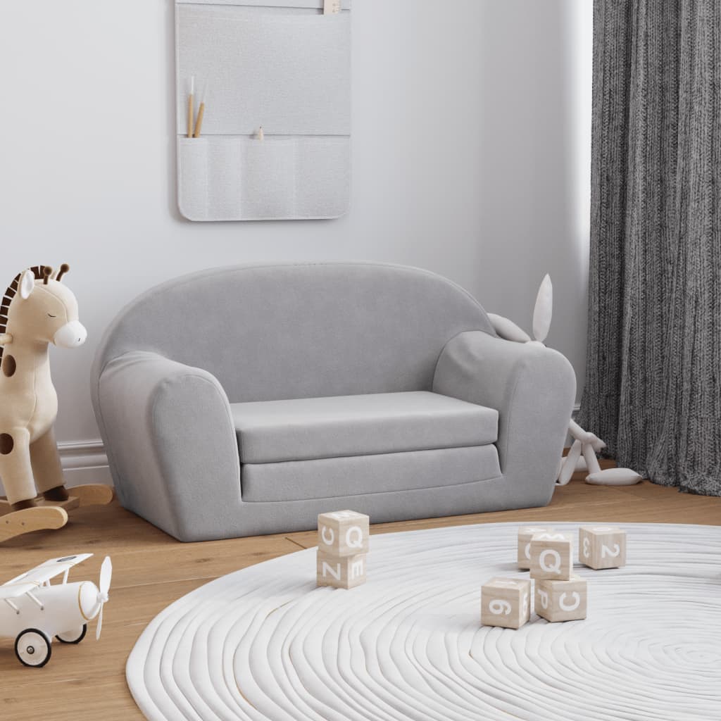 vidaXL 2-os. sofa dla dzieci, rozkładana, jasnoszara, miękki plusz