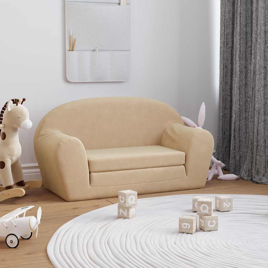 vidaXL 2-os. sofa dla dzieci, rozkładana, kremowa, miękki plusz