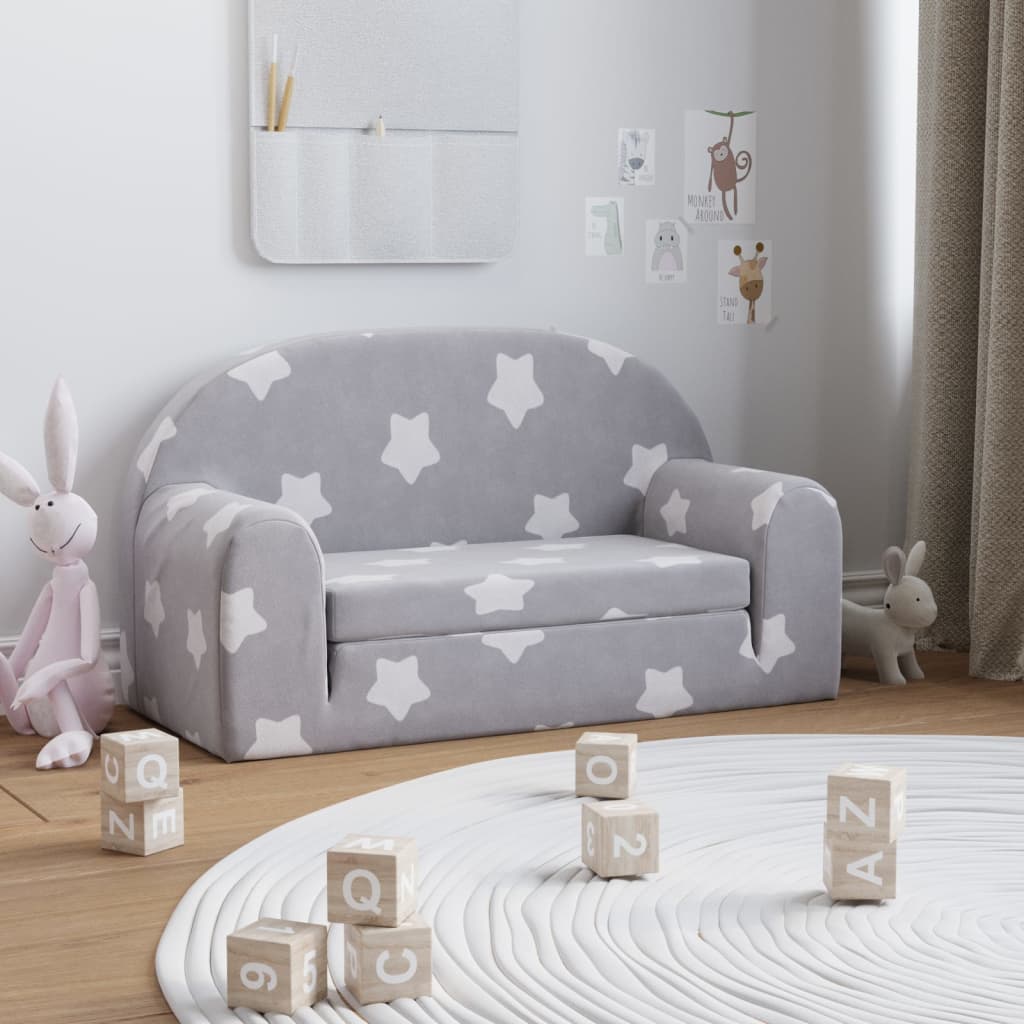 vidaXL 2-os. sofa dla dzieci, rozkładana, szara w gwiazdki, plusz