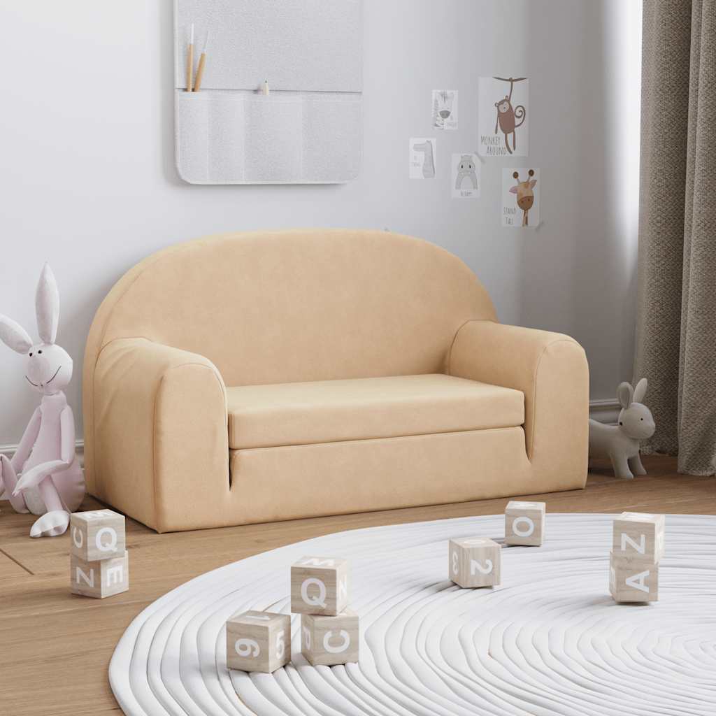 vidaXL 2-os. sofa dla dzieci, rozkładana, kremowa, miękki plusz