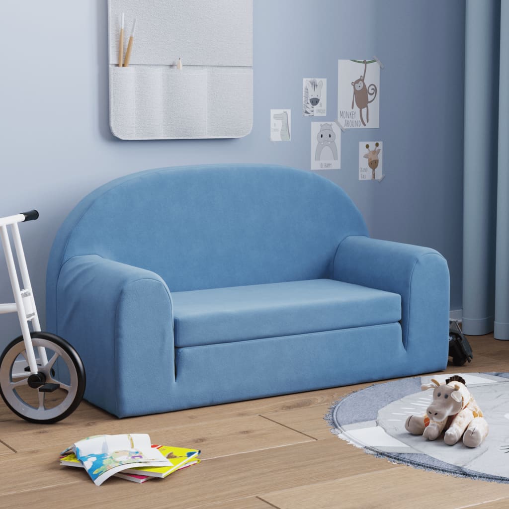 vidaXL 2-os. sofa dla dzieci, rozkładana, niebieska, miękki plusz